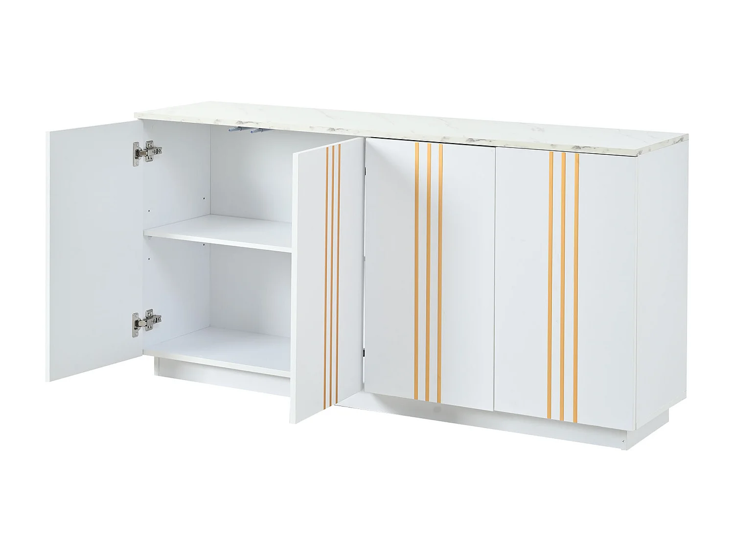 Buffet 140x35x70 cm - 4 portes - Finitions dorées - Étagères réglables - Panneaux de particules - Blanc et doré