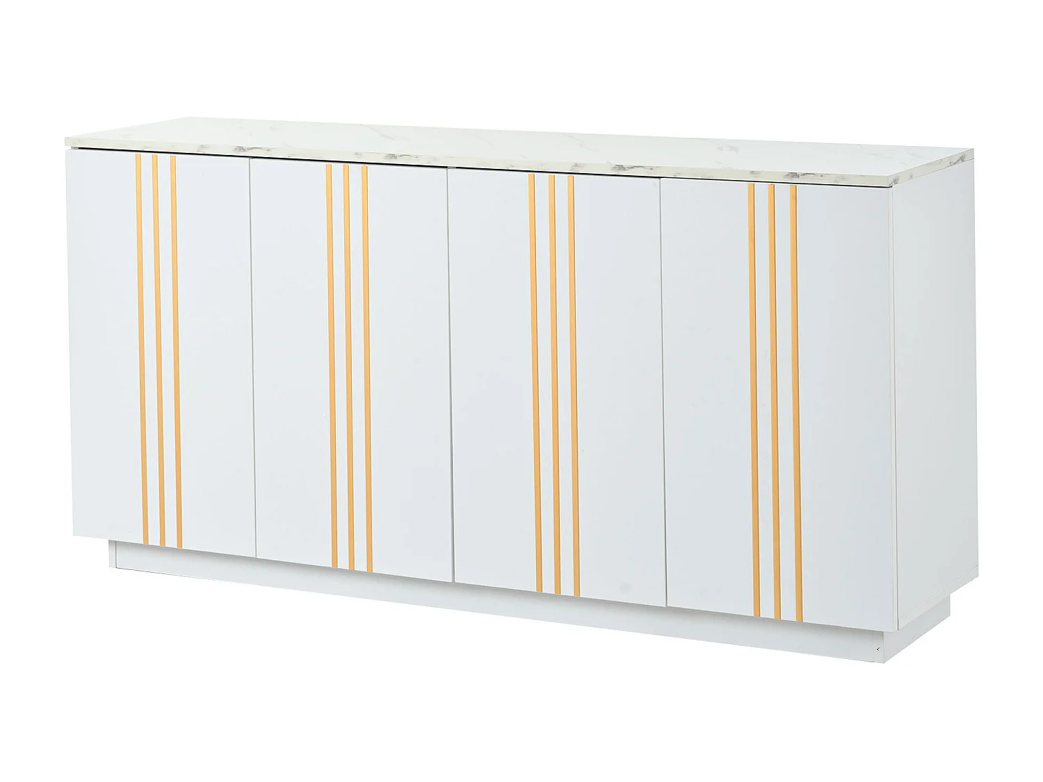 Buffet 140x35x70 cm - 4 portes - Finitions dorées - Étagères réglables - Panneaux de particules - Blanc et doré