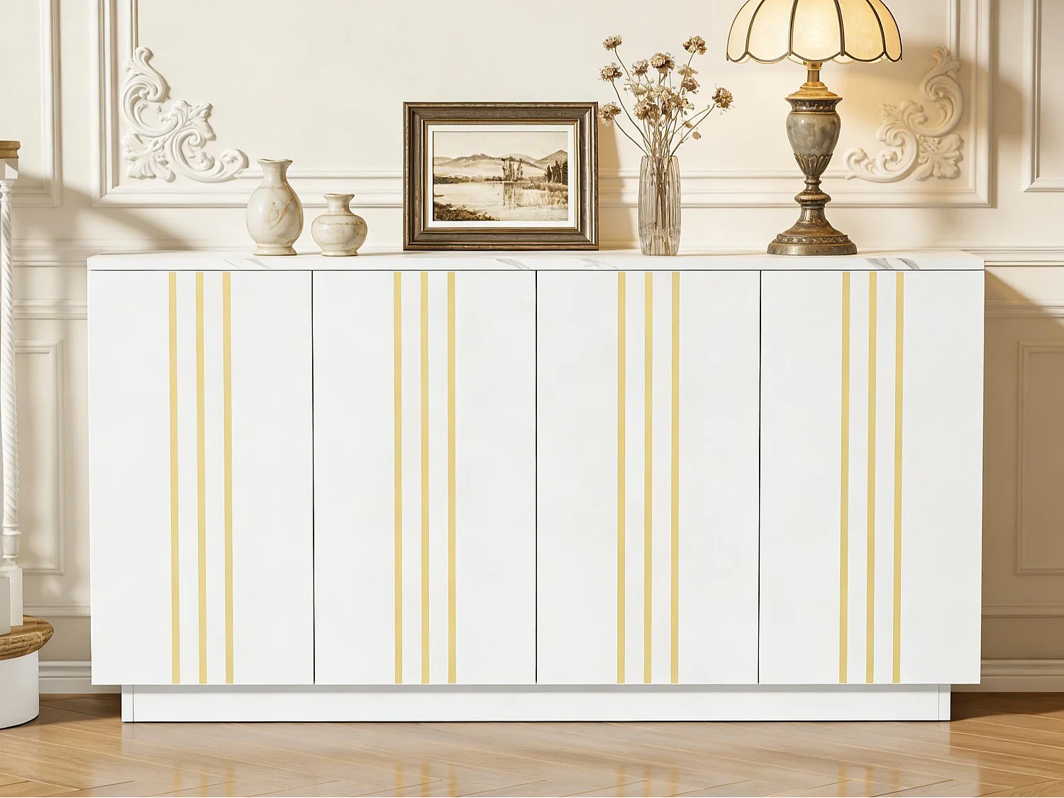 Buffet 140x35x70 cm - 4 portes - Finitions dorées - Étagères réglables - Panneaux de particules - Blanc et doré