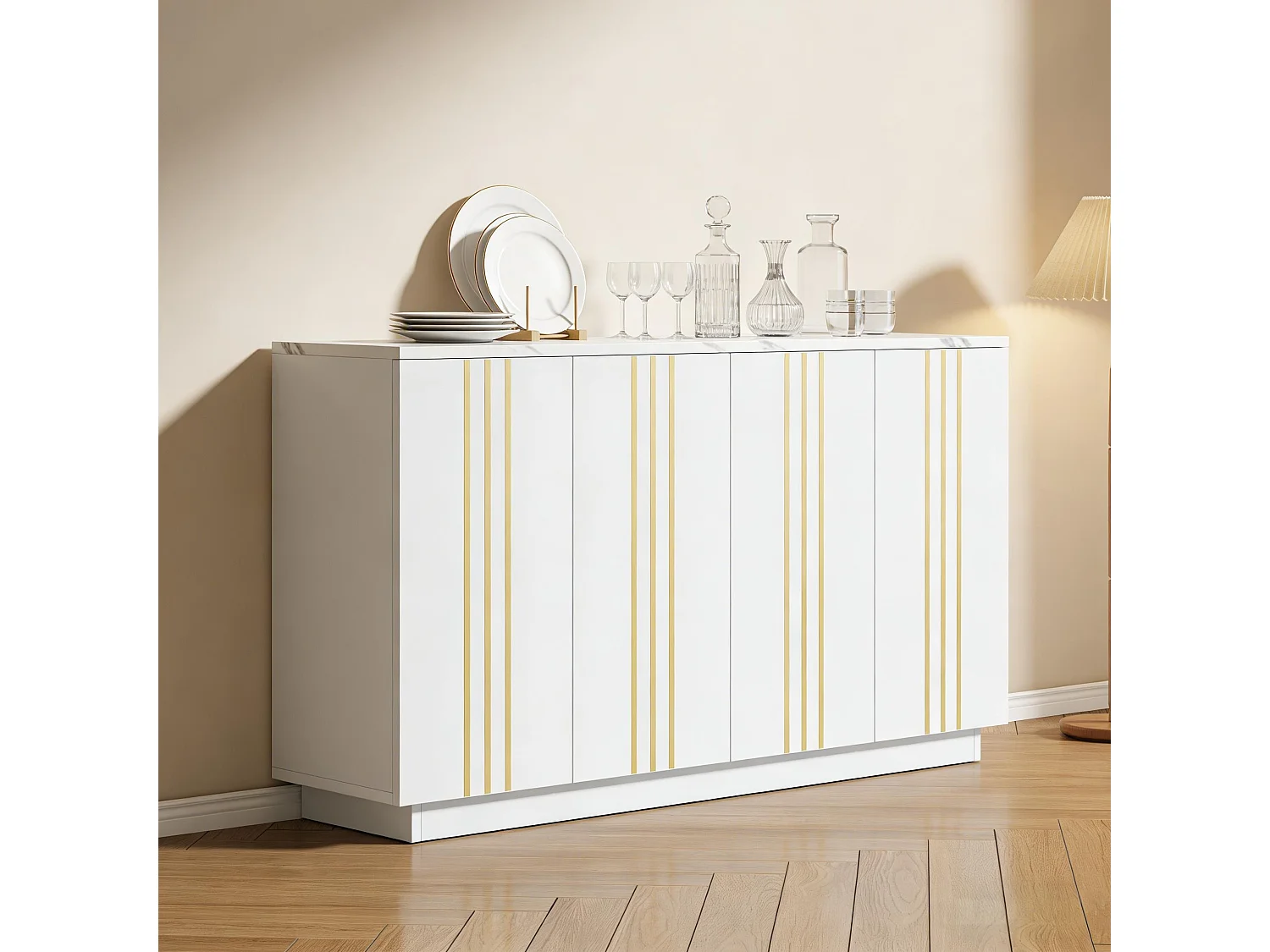 Buffet 140x35x70 cm - 4 portes - Finitions dorées - Étagères réglables - Panneaux de particules - Blanc et doré