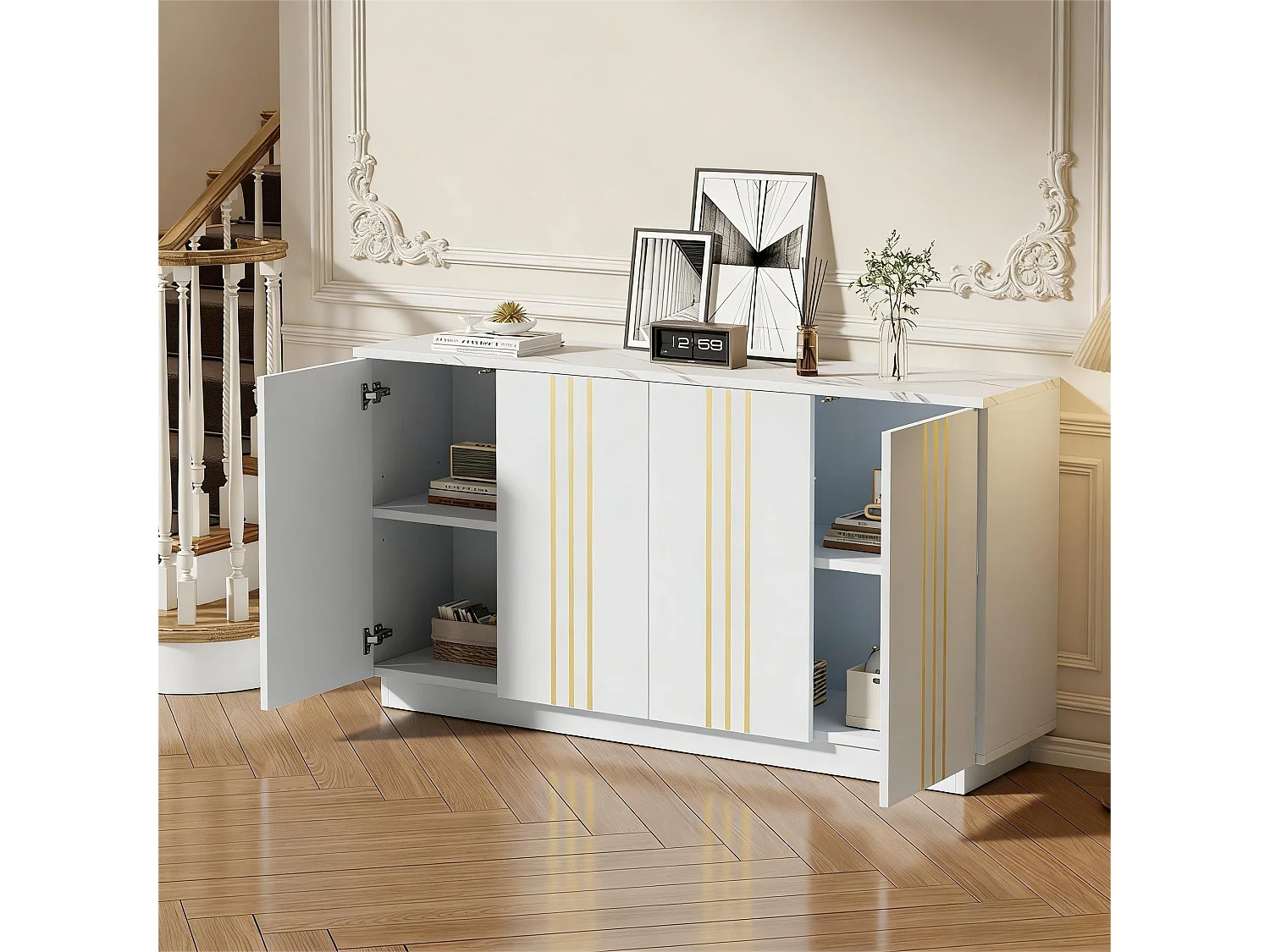 Buffet 140x35x70 cm - 4 portes - Finitions dorées - Étagères réglables - Panneaux de particules - Blanc et doré