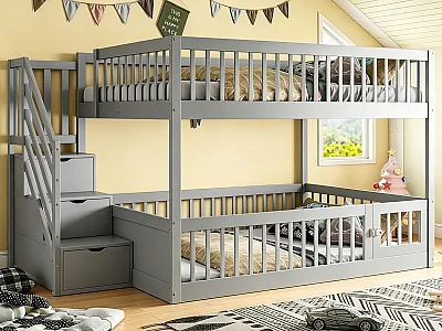 Lit superposé 140x200cm - avec escalier de sécurité - avec 3 tiroirs - gris (matelas non inclus)