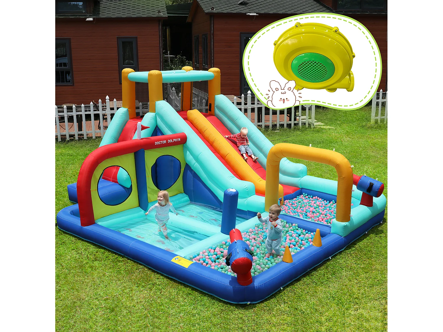 Château gonflable pour enfants - Parc aquatique extérieur - Toboggans, pistolets à eau, mur d'escalade - Souffleur inclus - Bleu