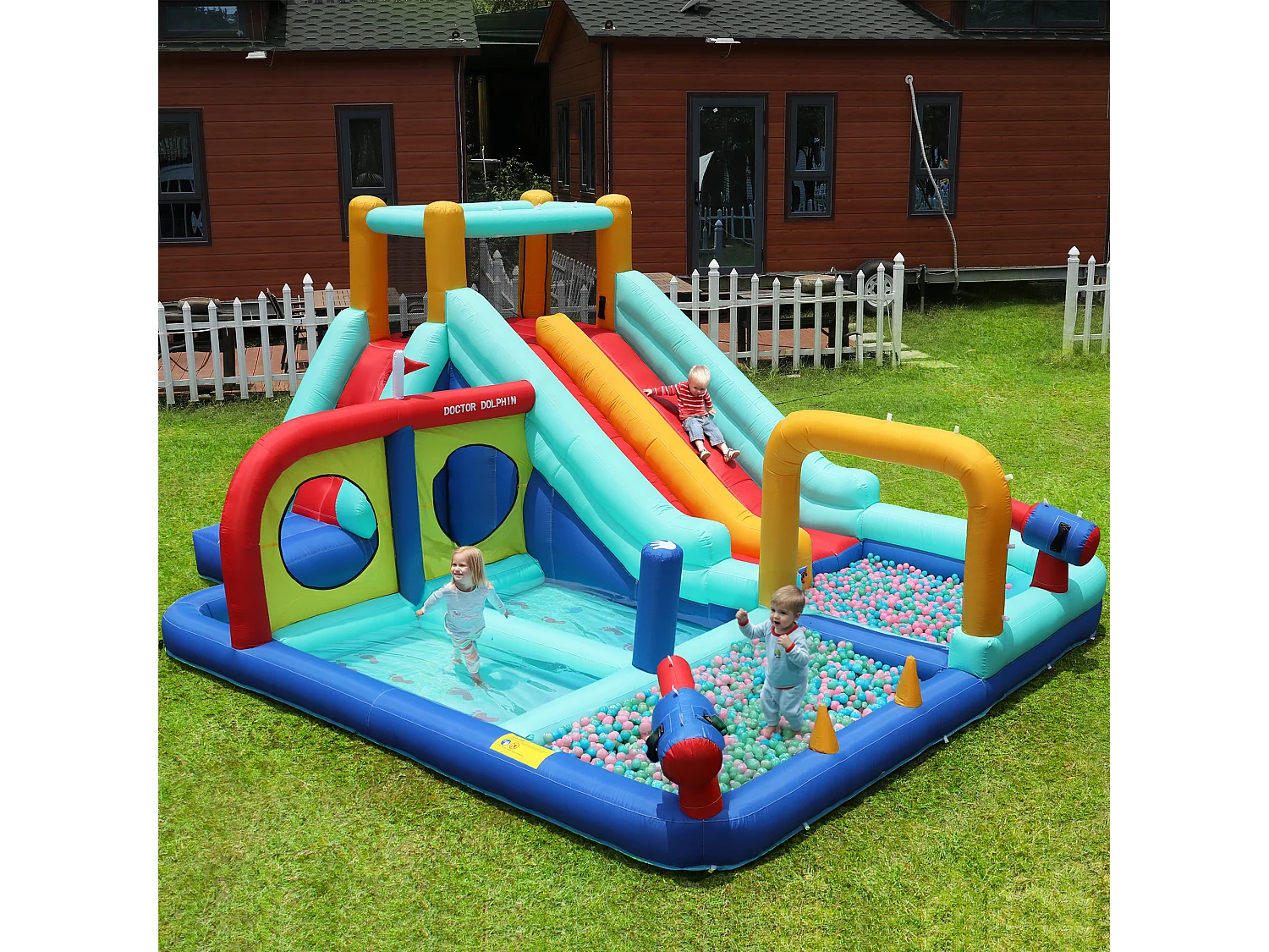 Château gonflable pour enfants - Parc aquatique extérieur - Toboggans, pistolets à eau, mur d'escalade - Souffleur inclus - Bleu