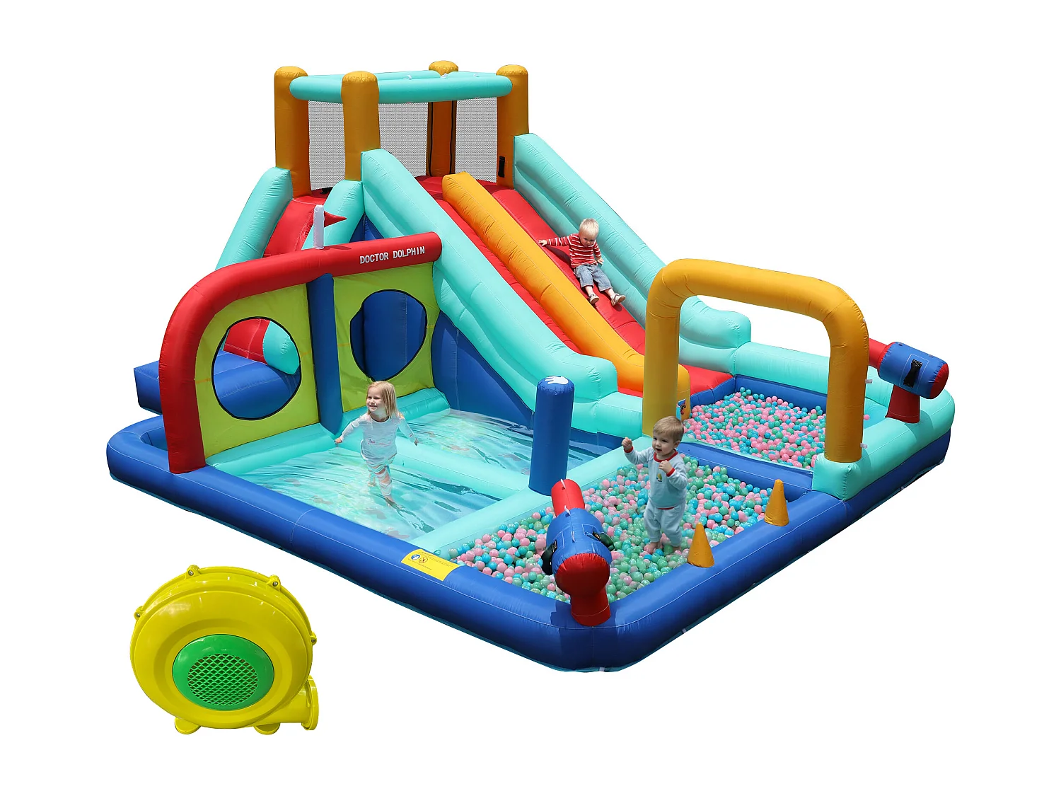 Château gonflable pour enfants - Parc aquatique extérieur - Toboggans, pistolets à eau, mur d'escalade - Souffleur inclus - Bleu
