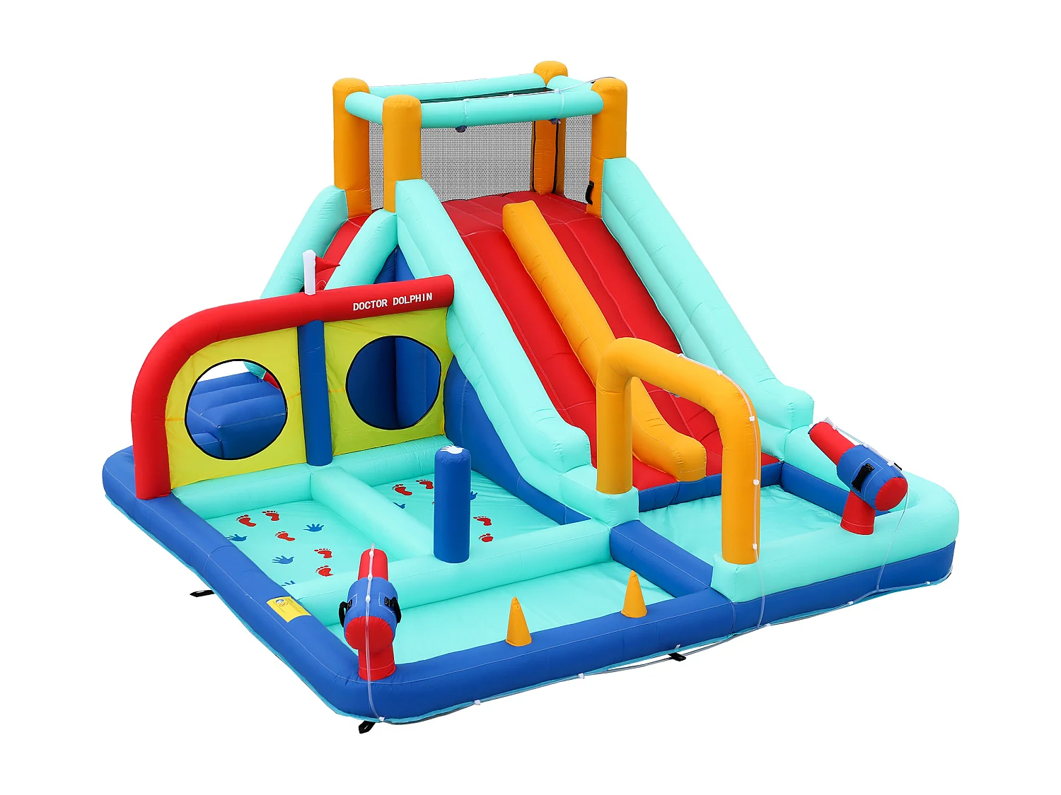 Château gonflable pour enfants - Parc aquatique extérieur - Toboggans, pistolets à eau, mur d'escalade - Souffleur inclus - Bleu