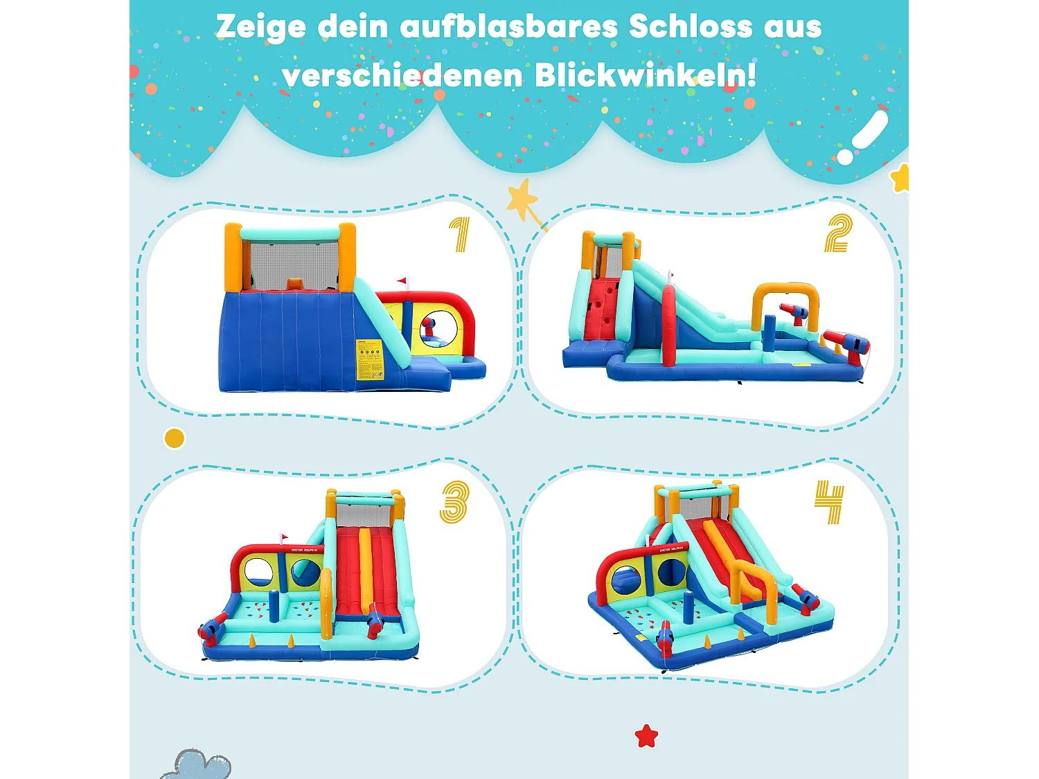 Château gonflable pour enfants - Parc aquatique extérieur - Toboggans, pistolets à eau, mur d'escalade - Souffleur inclus - Bleu