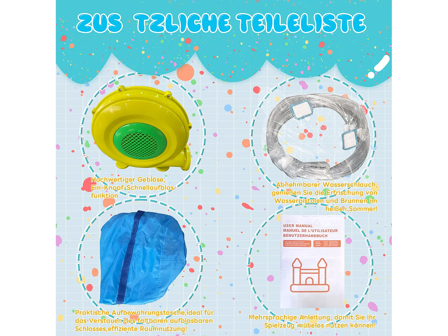 Château gonflable pour enfants - Parc aquatique extérieur - Toboggans, pistolets à eau, mur d'escalade - Souffleur inclus - Bleu