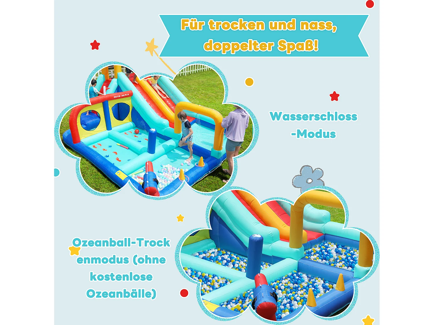 Château gonflable pour enfants - Parc aquatique extérieur - Toboggans, pistolets à eau, mur d'escalade - Souffleur inclus - Bleu