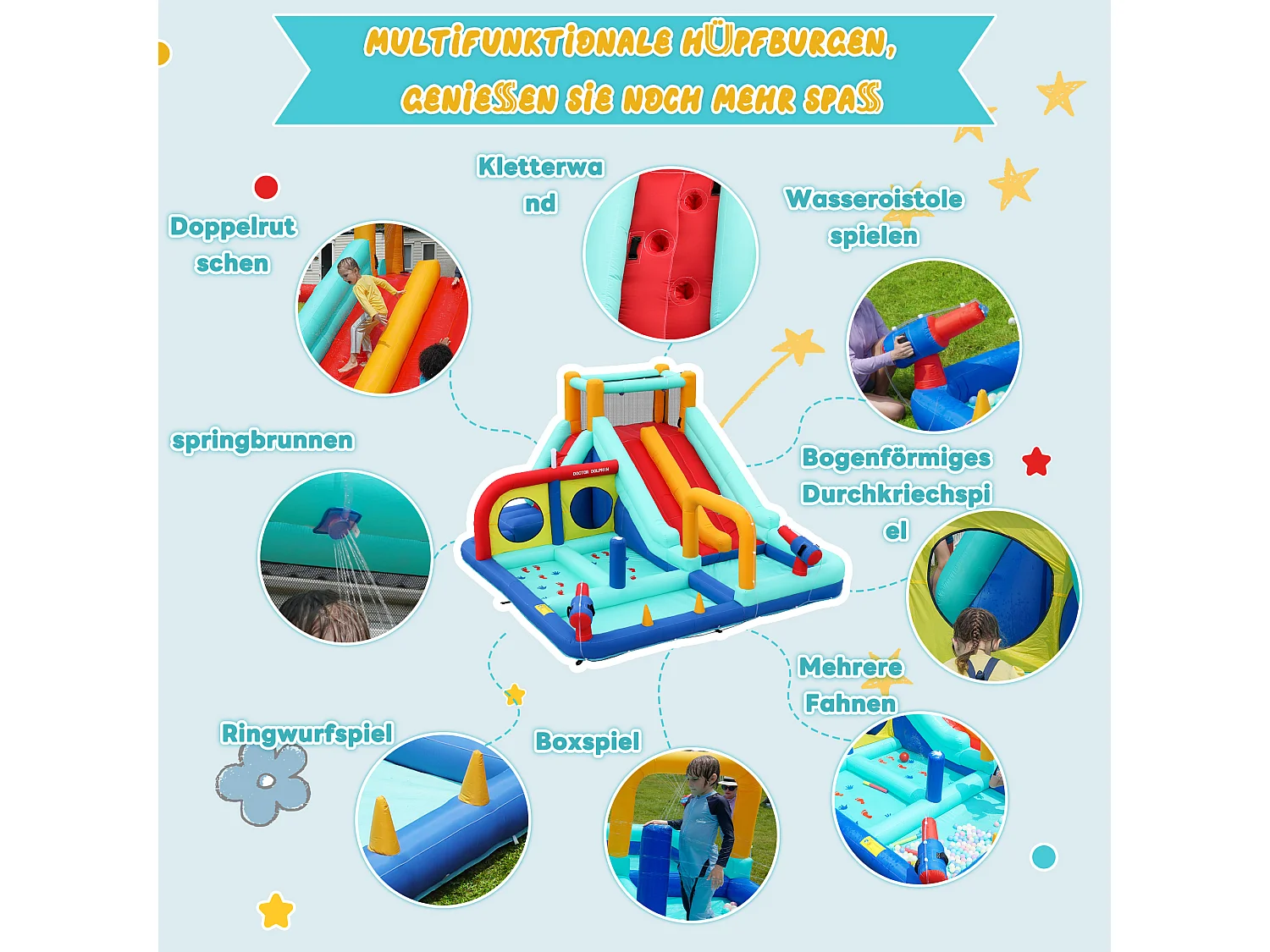 Château gonflable pour enfants - Parc aquatique extérieur - Toboggans, pistolets à eau, mur d'escalade - Souffleur inclus - Bleu
