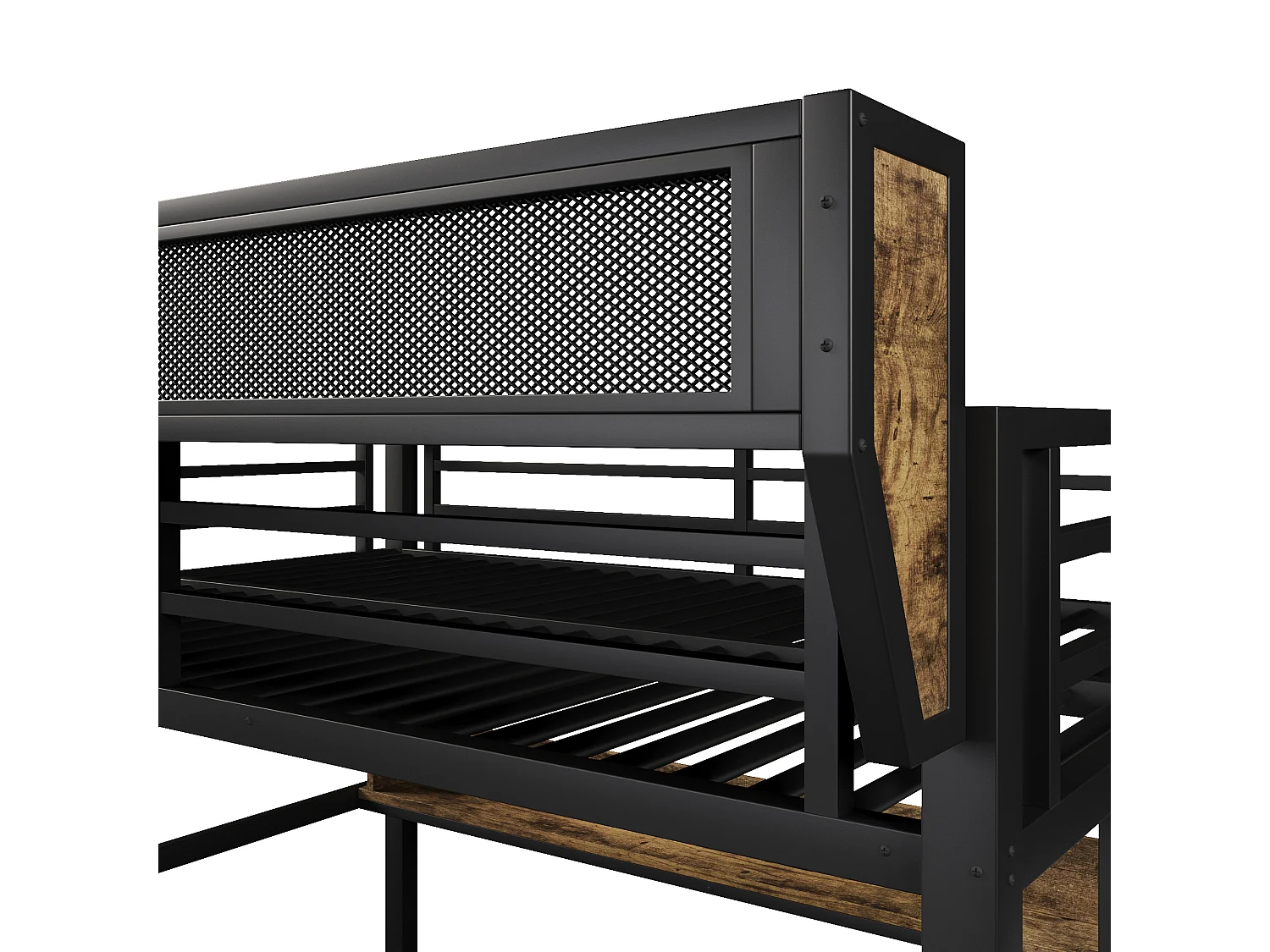Lit superposé 140 x 200 cm - Structure en fer forgé - avec étagères - avec 2 tiroirs - avec éclairage LED - noir (matelas non inclus)
