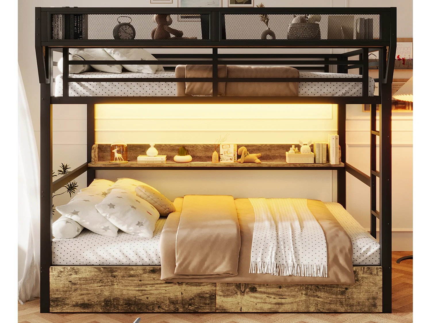 Lit superposé 140 x 200 cm - Structure en fer forgé - avec étagères - avec 2 tiroirs - avec éclairage LED - noir (matelas non inclus)