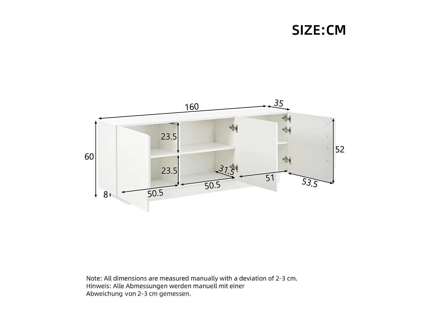 Buffet 160x35x60 cm - 3 portes et 6 étagères - Finition brillante - Panneaux de particules - Blanc