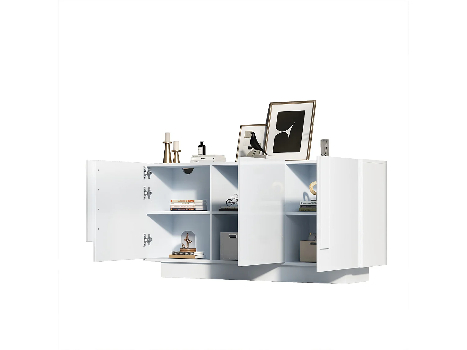 Buffet 160x35x60 cm - 3 portes et 6 étagères - Finition brillante - Panneaux de particules - Blanc