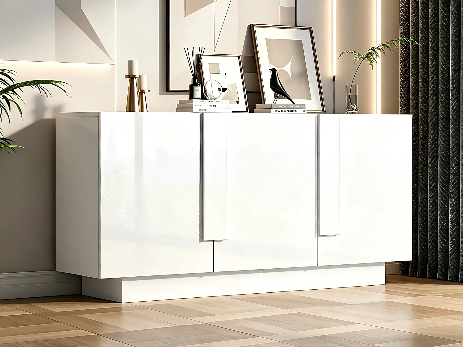 Buffet 160x35x60 cm - 3 portes et 6 étagères - Finition brillante - Panneaux de particules - Blanc