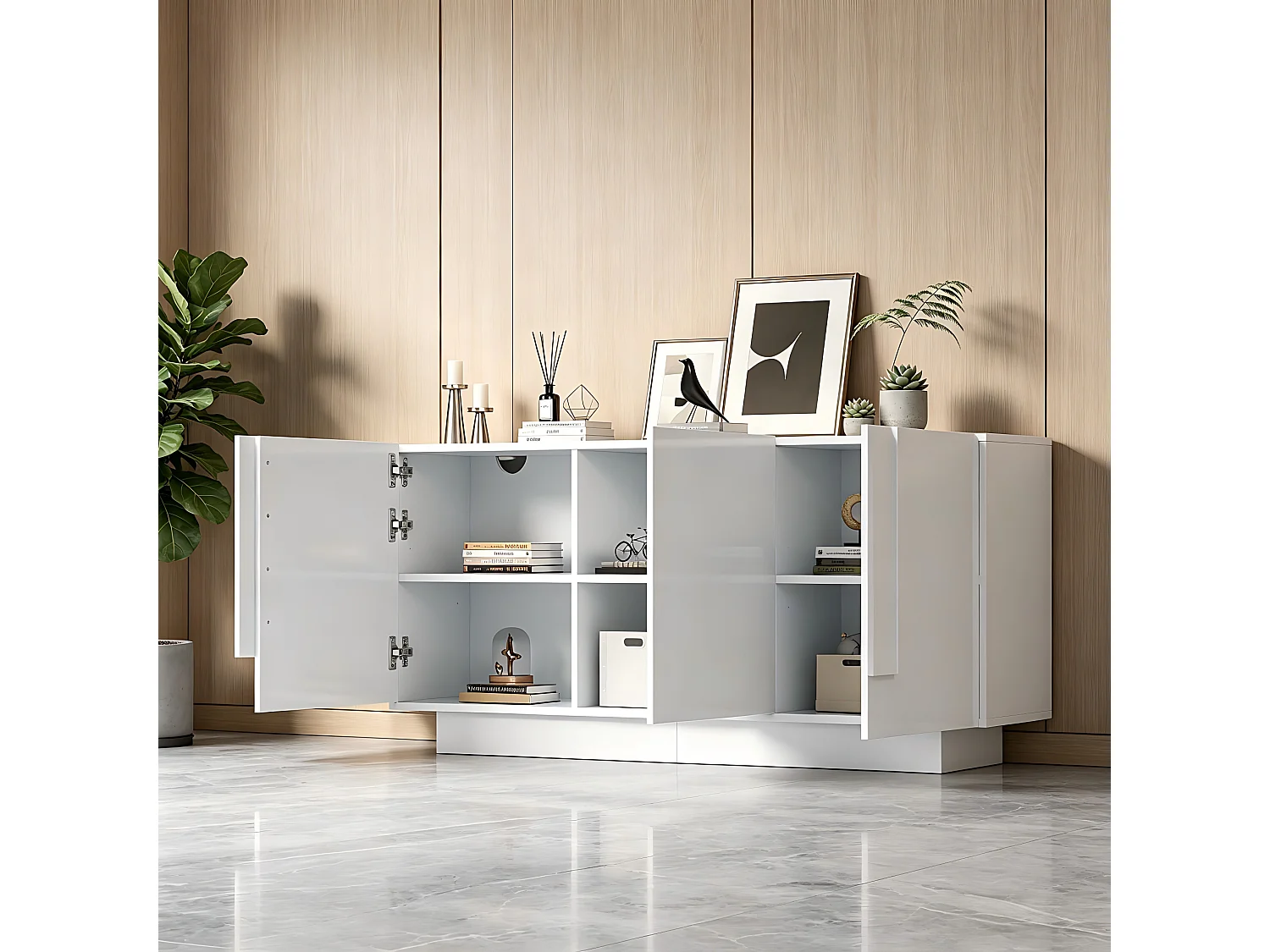 Buffet 160x35x60 cm - 3 portes et 6 étagères - Finition brillante - Panneaux de particules - Blanc