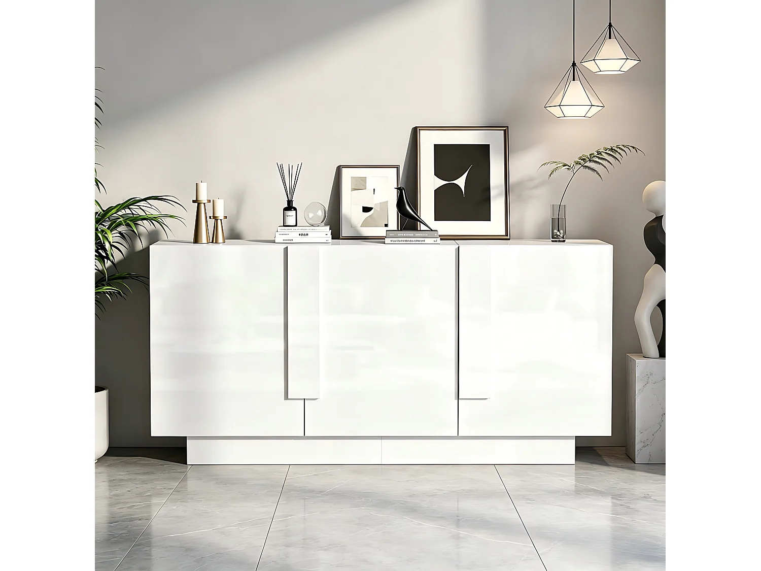 Buffet 160x35x60 cm - 3 portes et 6 étagères - Finition brillante - Panneaux de particules - Blanc