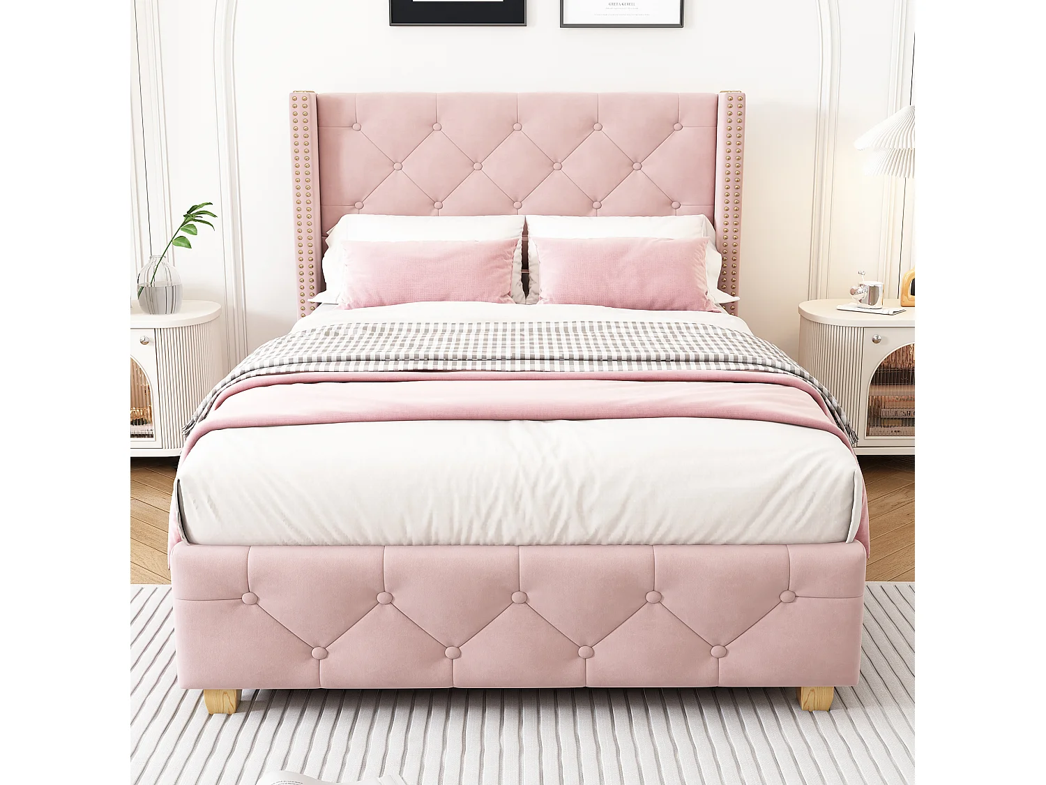 90x200cm Velvet Upholstered Bed - with Slatted Base - Pink