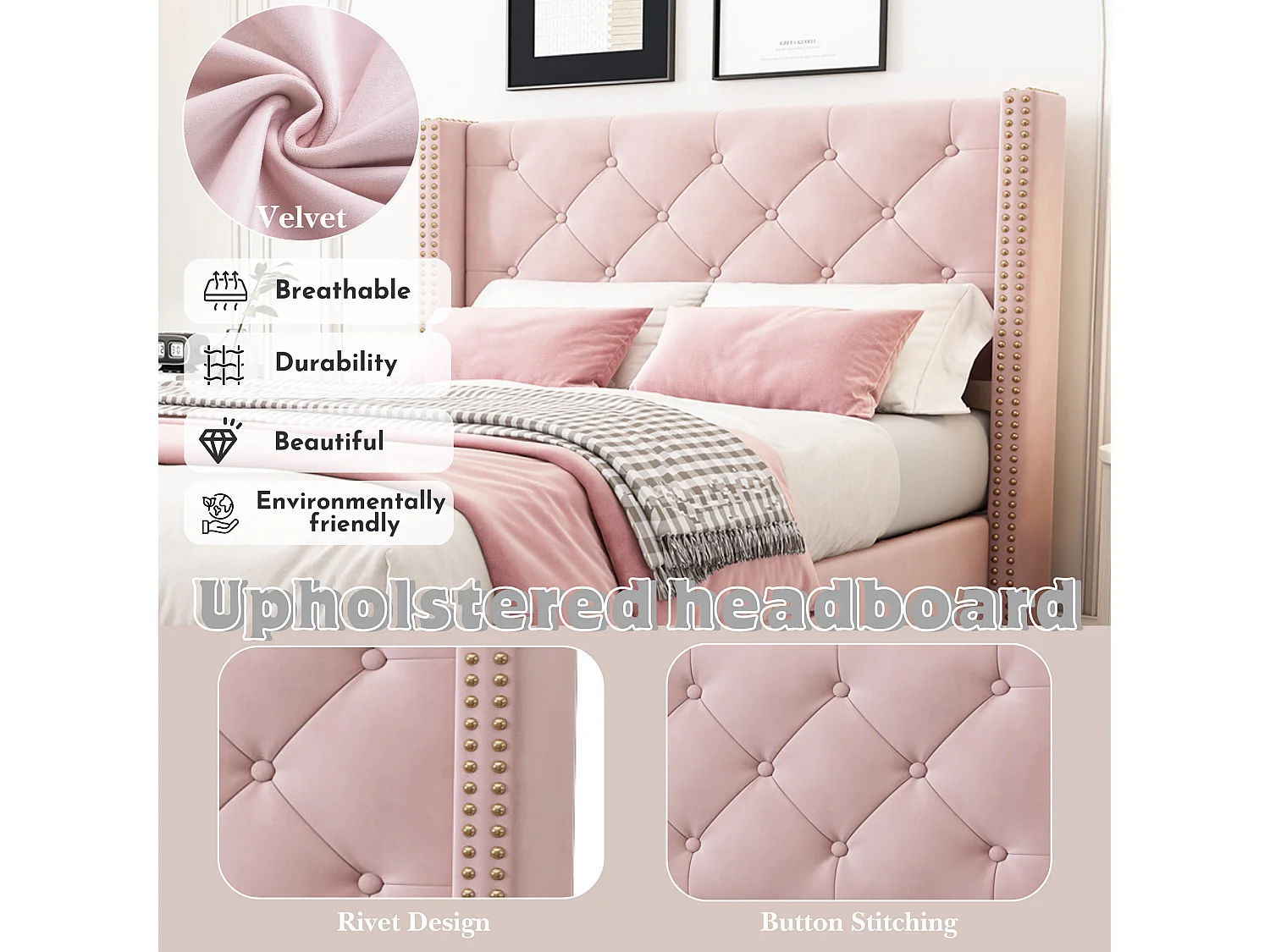 90x200cm Velvet Upholstered Bed - with Slatted Base - Pink