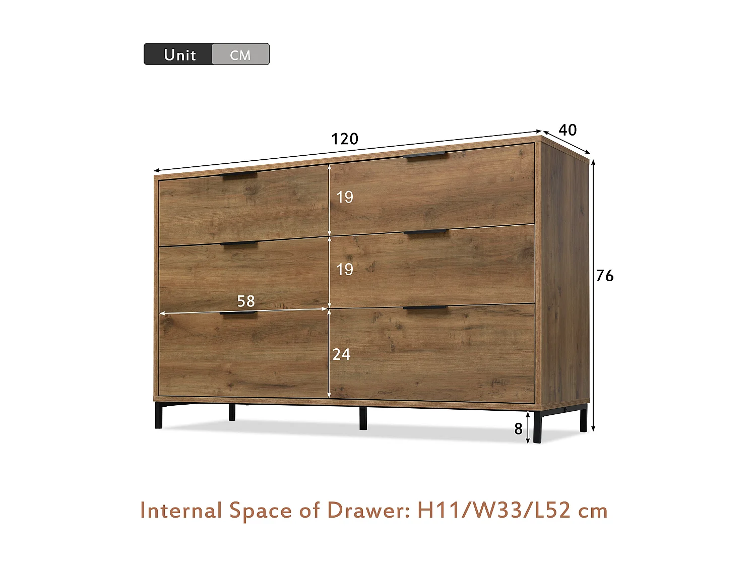 Sideboard with adjustable shelves - 6 drawers - Dark oak