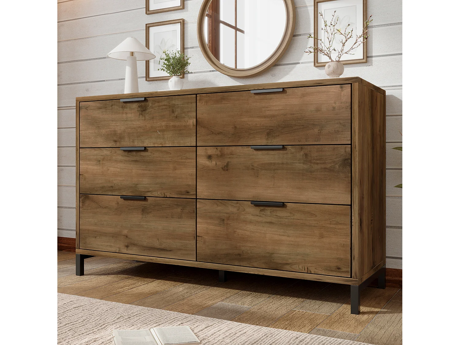 Sideboard with adjustable shelves - 6 drawers - Dark oak