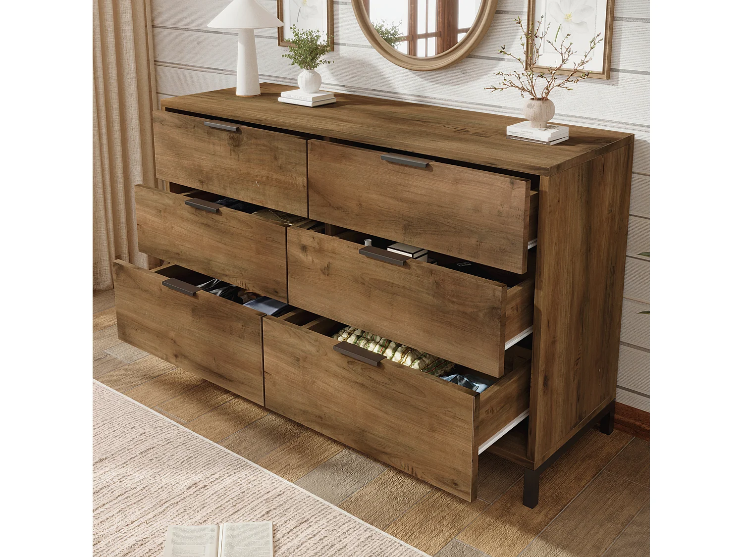 Sideboard with adjustable shelves - 6 drawers - Dark oak