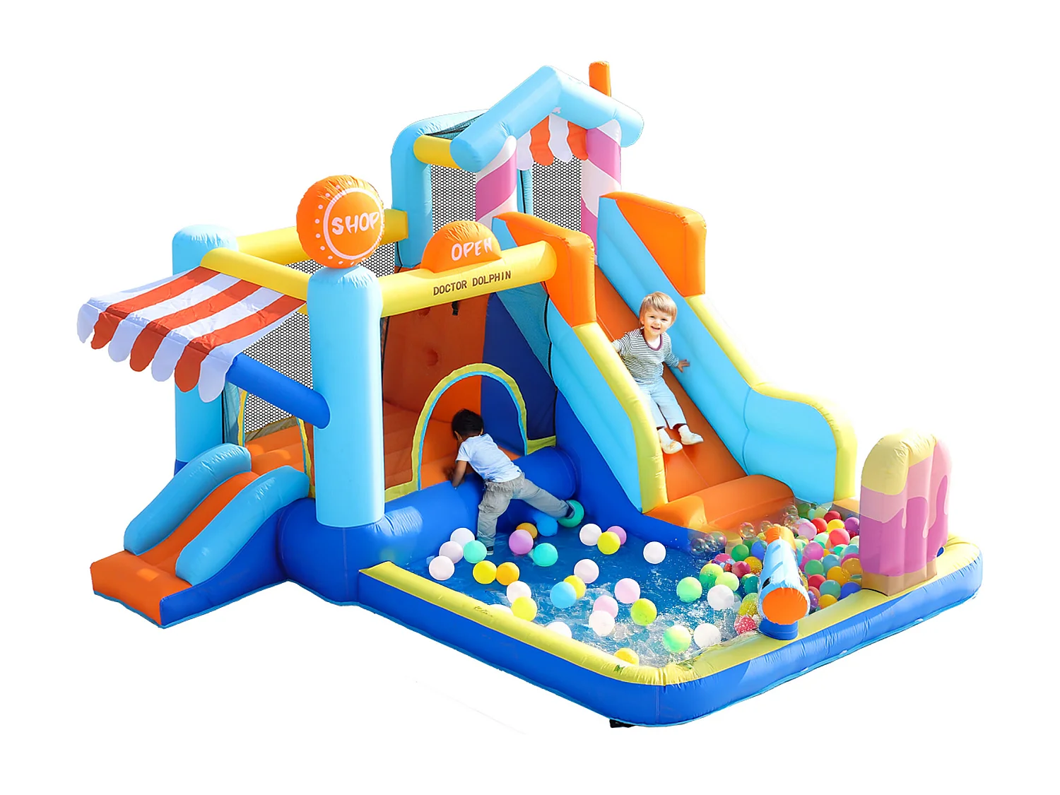 Château gonflable pour enfants - Parc aquatique extérieur avec trampoline, toboggans et pistolets à eau - Souffleur 450 W inclus - Bleu