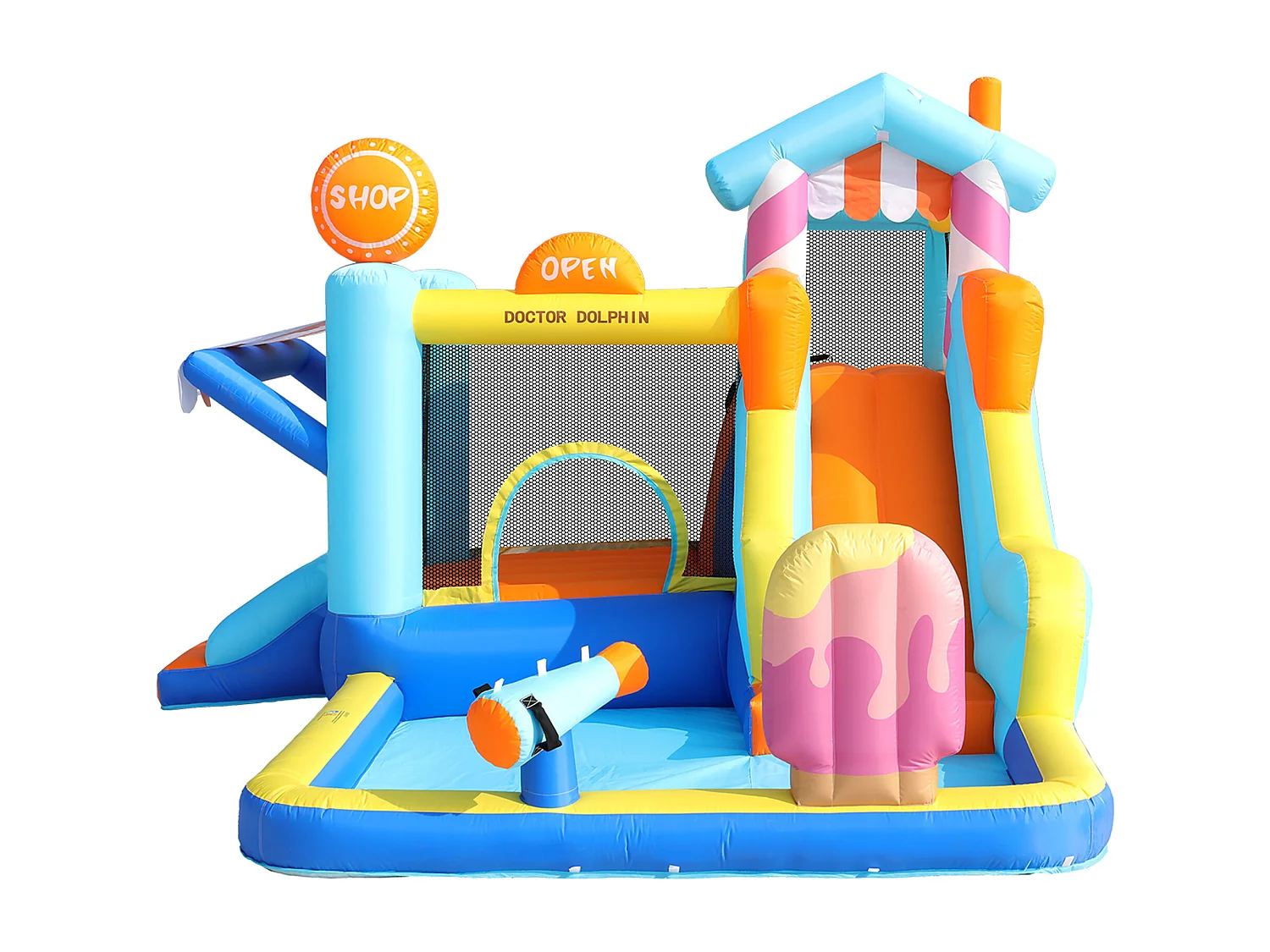 Château gonflable pour enfants - Parc aquatique extérieur avec trampoline, toboggans et pistolets à eau - Souffleur 450 W inclus - Bleu