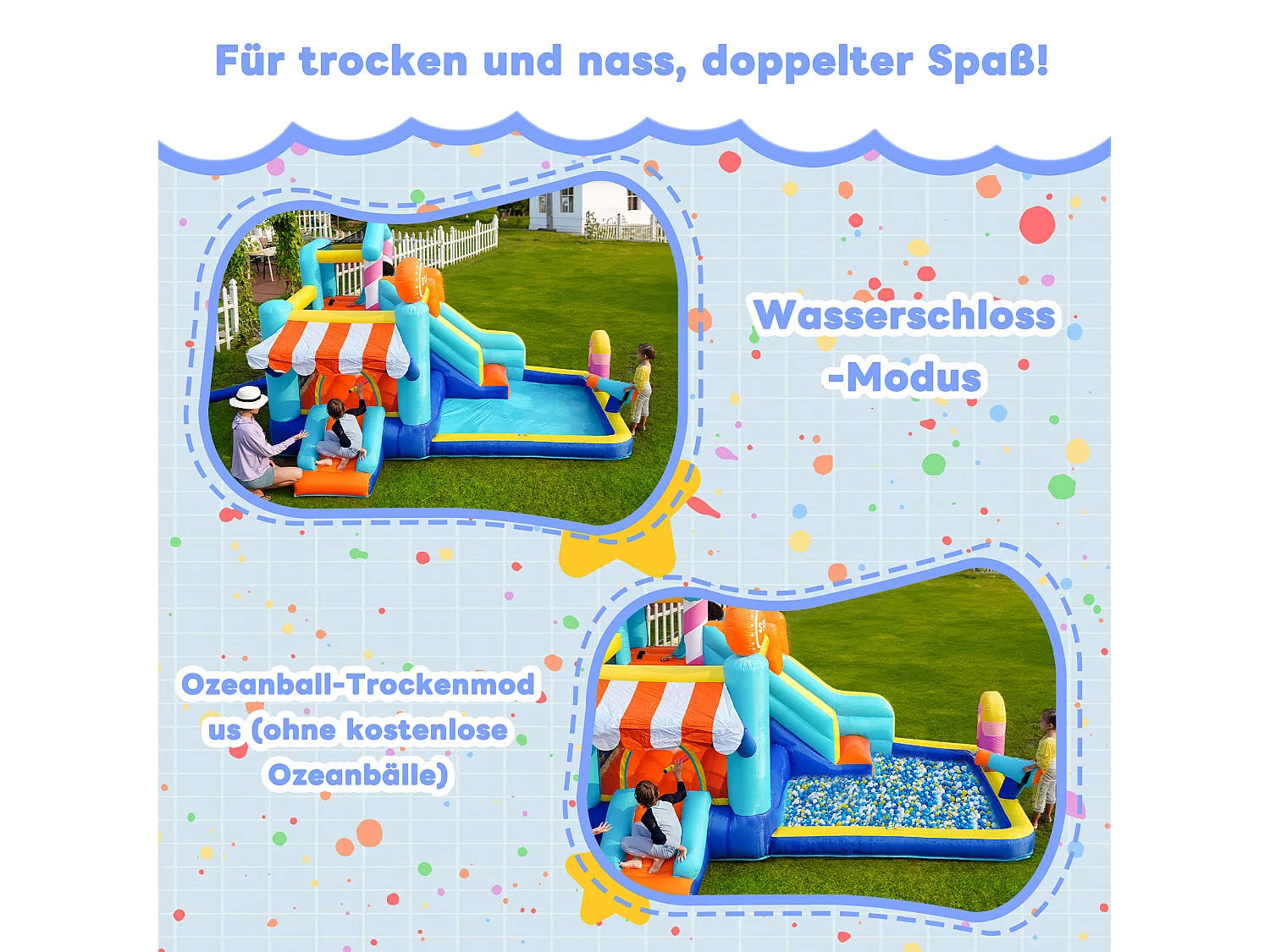 Château gonflable pour enfants - Parc aquatique extérieur avec trampoline, toboggans et pistolets à eau - Souffleur 450 W inclus - Bleu