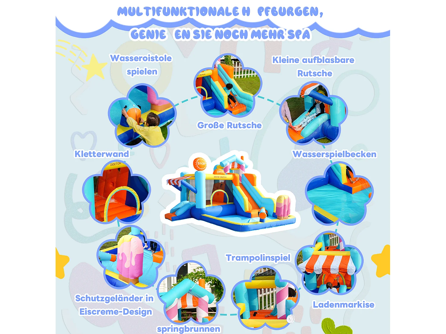Château gonflable pour enfants - Parc aquatique extérieur avec trampoline, toboggans et pistolets à eau - Souffleur 450 W inclus - Bleu