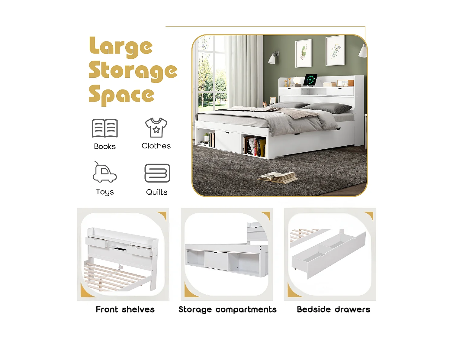 Adult bed 135x190 cm - with charging port and multifunctional storage - White (mattress not included)
