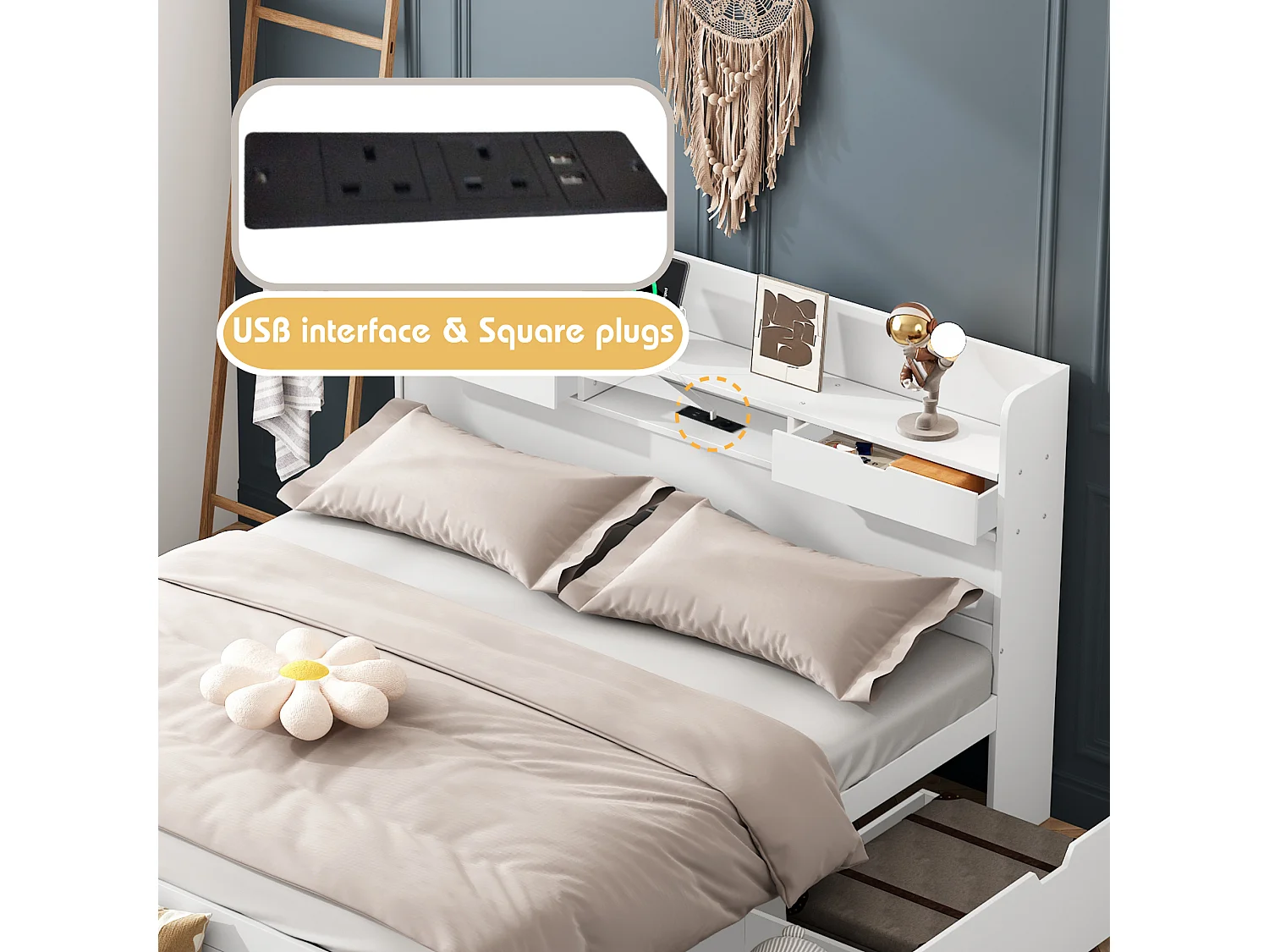 Adult bed 135x190 cm - with charging port and multifunctional storage - White (mattress not included)