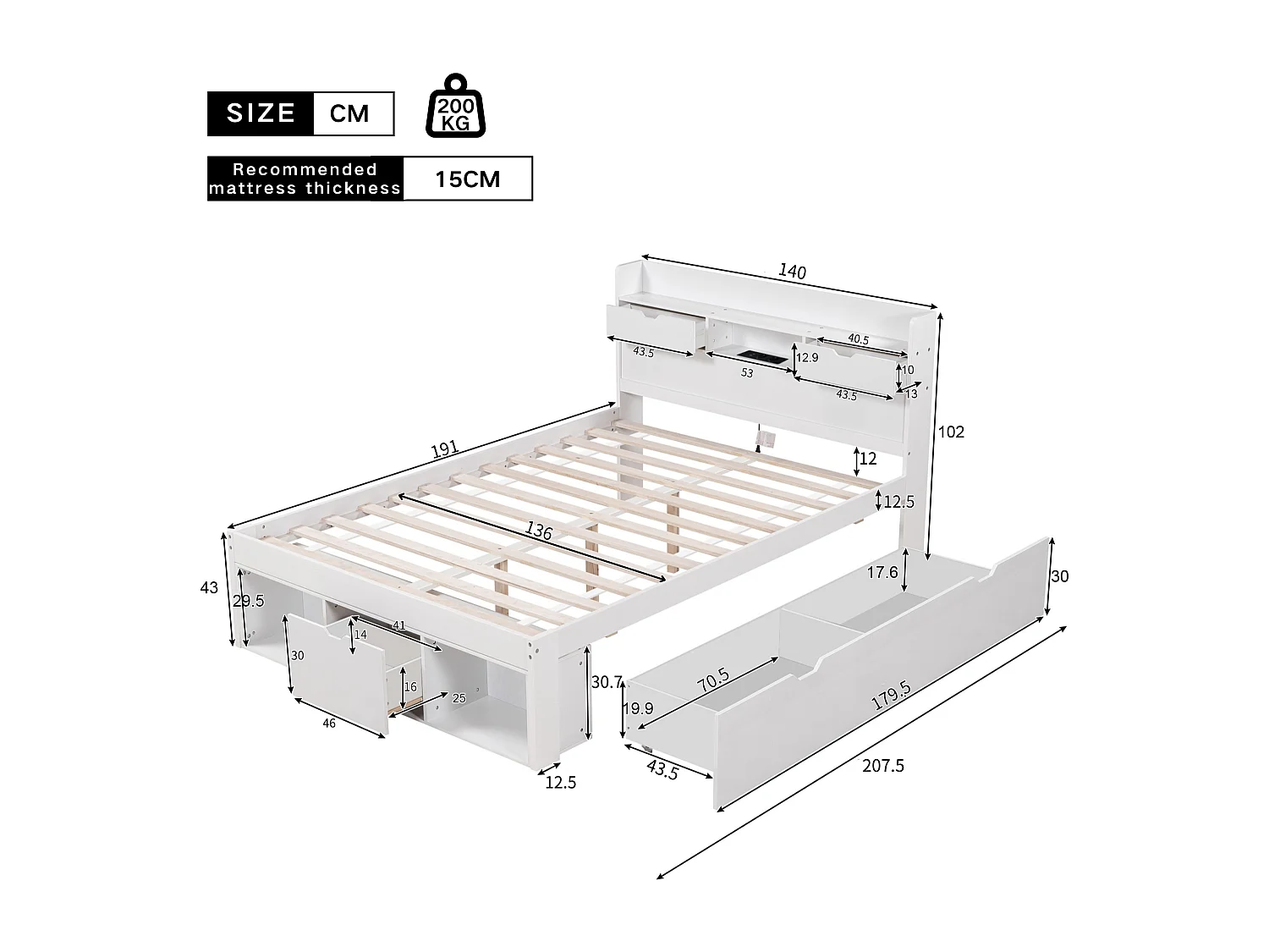 Adult bed 135x190 cm - with charging port and multifunctional storage - White (mattress not included)