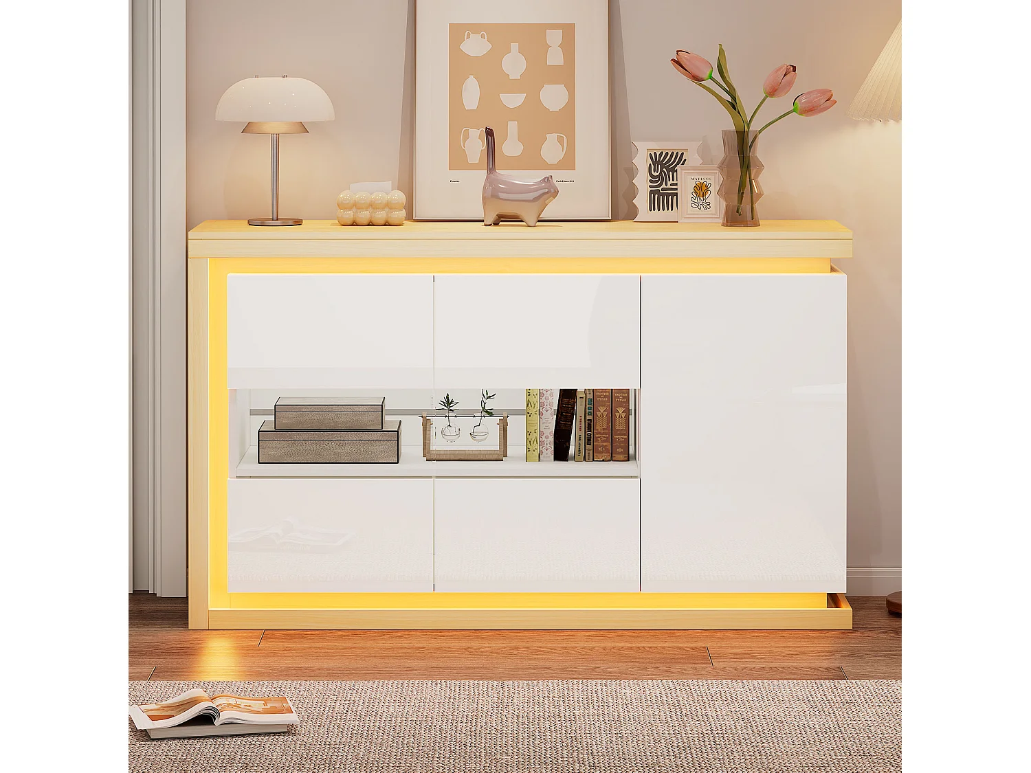 Buffet moderne 140x40x84 cm - Éclairage LED - 3 portes laquées - Panneaux de particules - Blanc