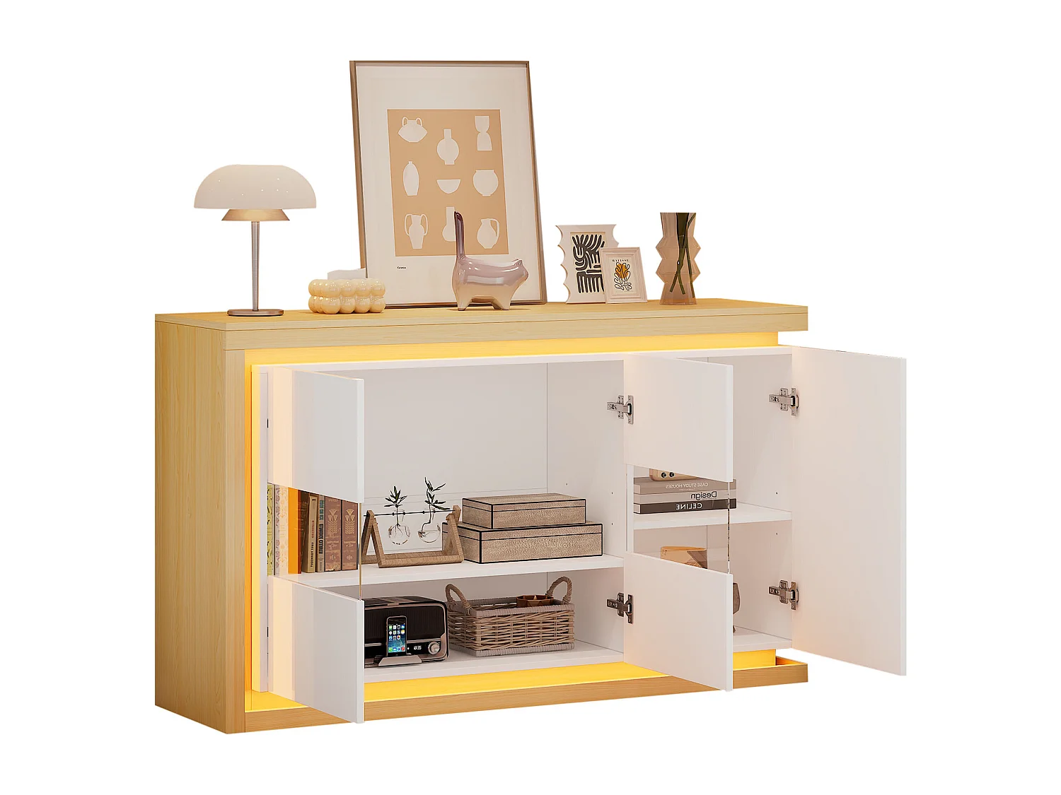 Buffet moderne 140x40x84 cm - Éclairage LED - 3 portes laquées - Panneaux de particules - Blanc