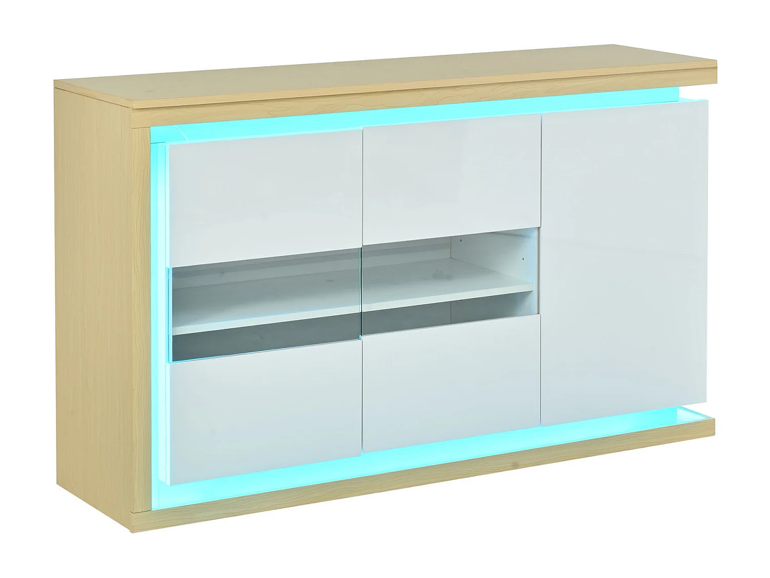 Buffet moderne 140x40x84 cm - Éclairage LED - 3 portes laquées - Panneaux de particules - Blanc