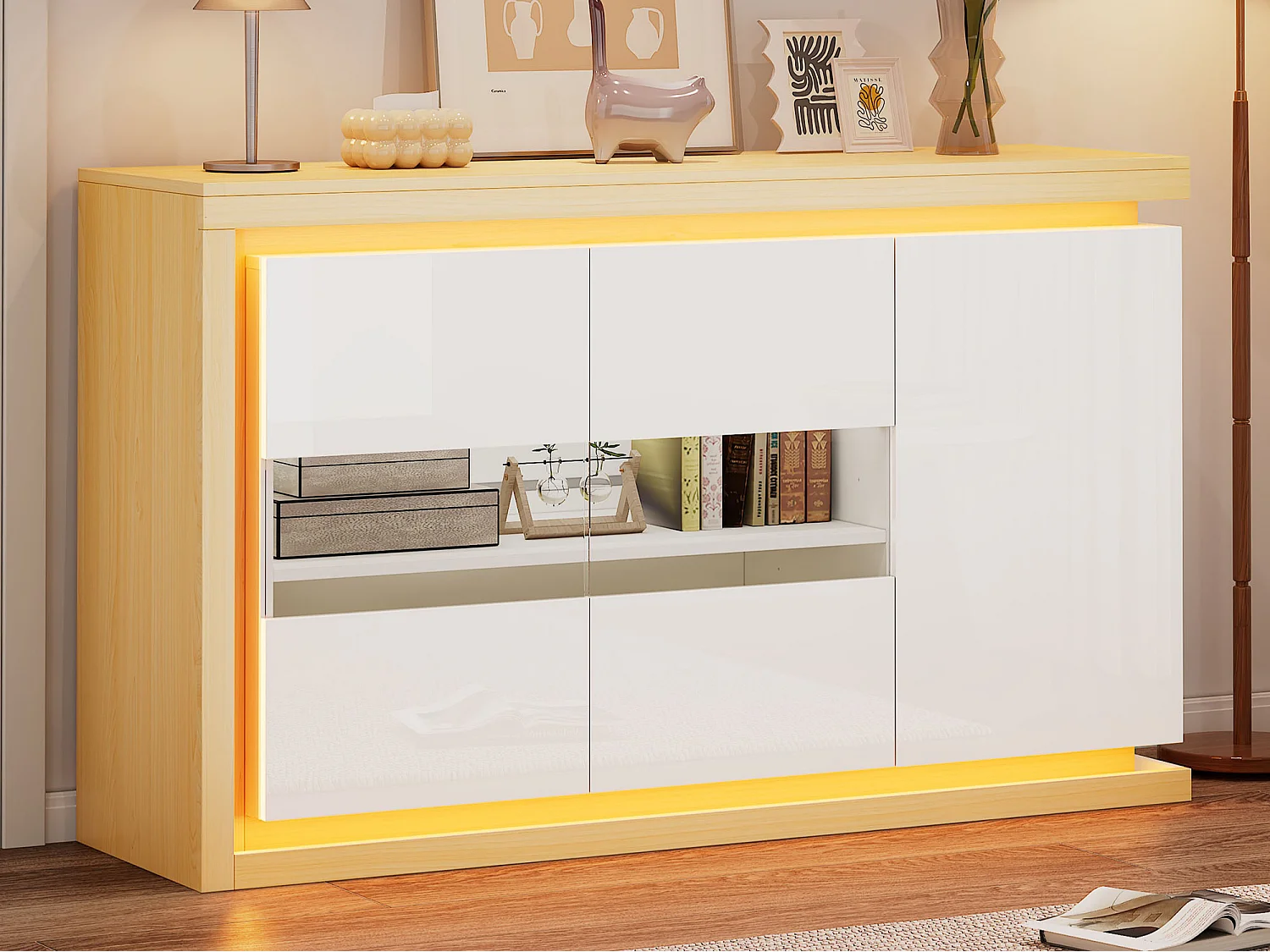 Buffet moderne 140x40x84 cm - Éclairage LED - 3 portes laquées - Panneaux de particules - Blanc