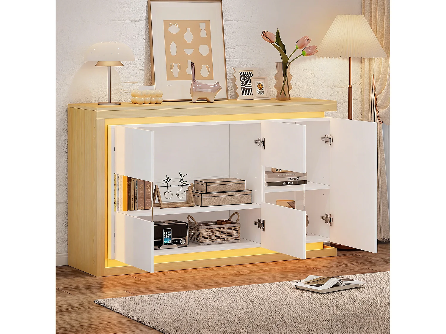 Buffet moderne 140x40x84 cm - Éclairage LED - 3 portes laquées - Panneaux de particules - Blanc