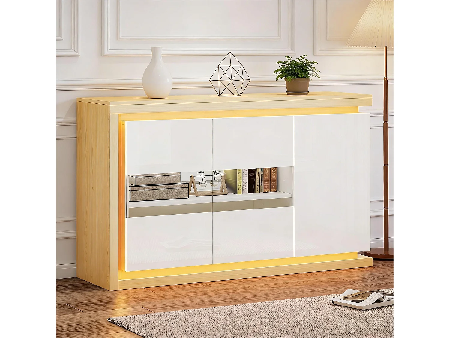 Buffet moderne 140x40x84 cm - Éclairage LED - 3 portes laquées - Panneaux de particules - Blanc