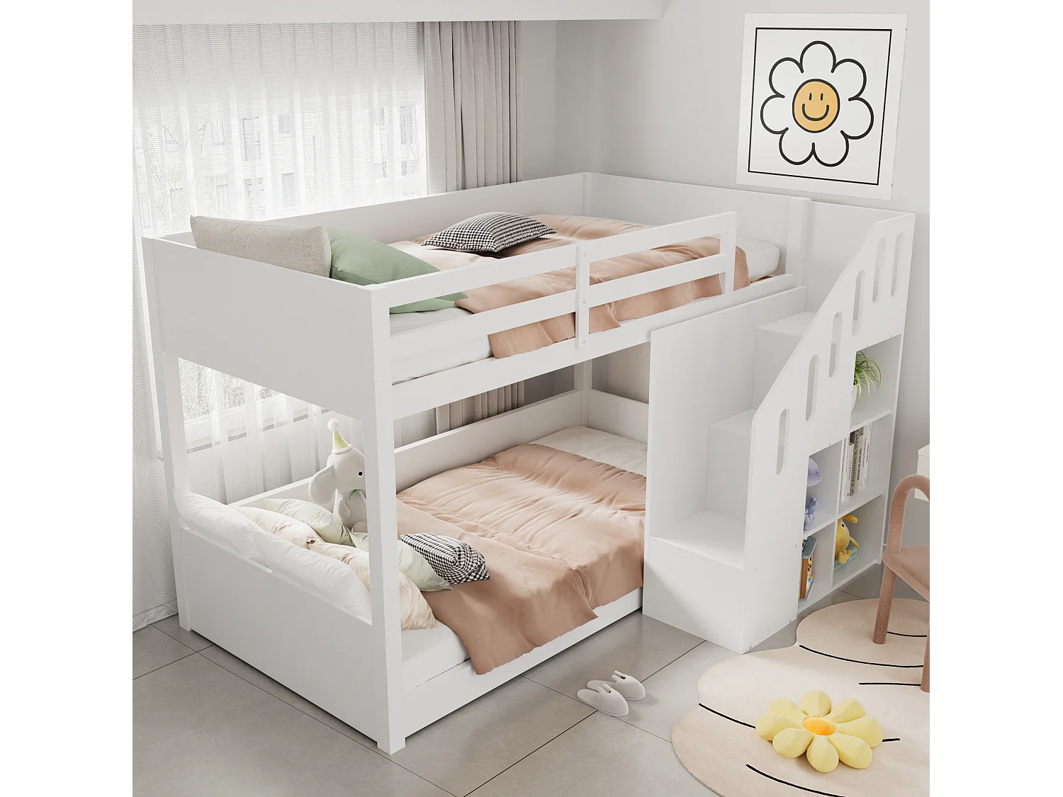 Children's Bunk Bed - 2 x 90 x 200 cm - with Staircase and Guardrail - White (Mattress Not Included)