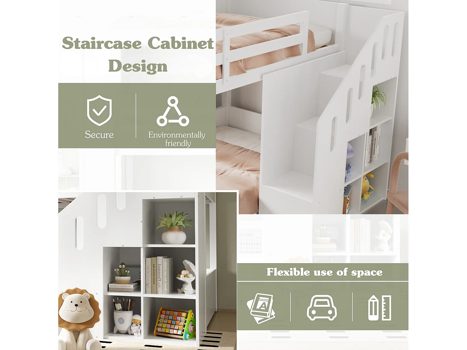 Children's Bunk Bed - 2 x 90 x 200 cm - with Staircase and Guardrail - White (Mattress Not Included)