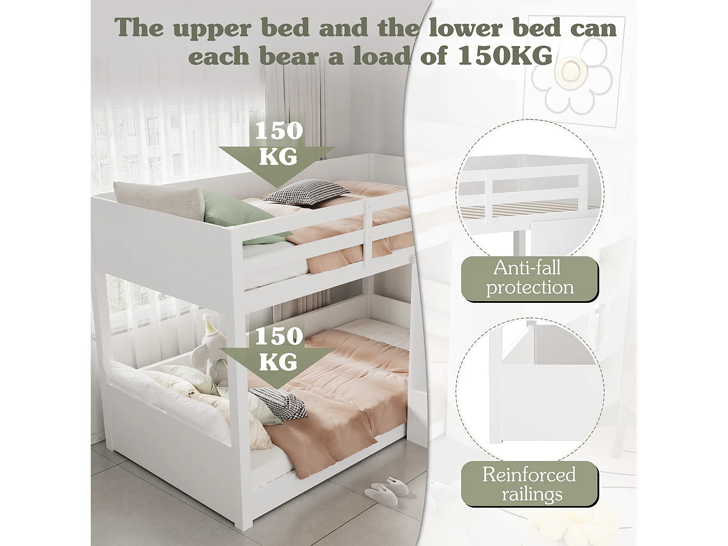Children's Bunk Bed - 2 x 90 x 200 cm - with Staircase and Guardrail - White (Mattress Not Included)