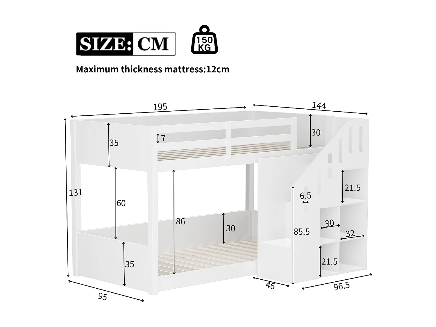 Children's Bunk Bed - 2 x 90 x 200 cm - with Staircase and Guardrail - White (Mattress Not Included)