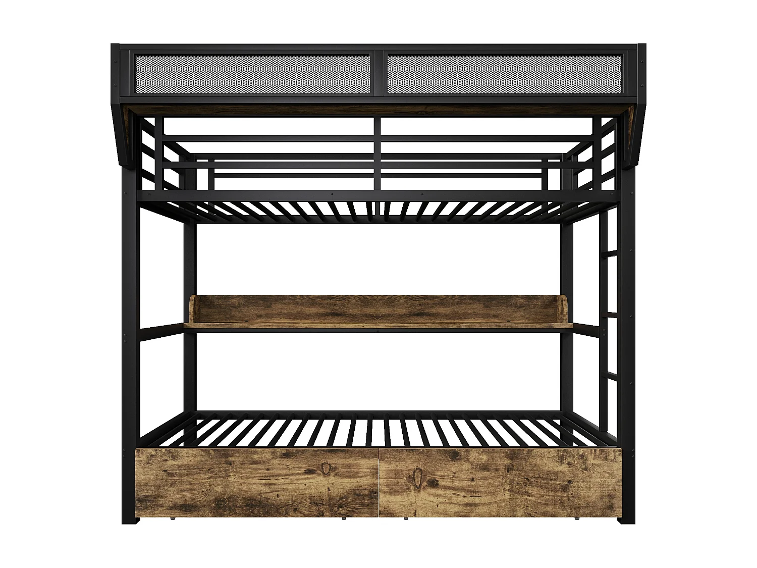 Køjeseng 90 x 200 cm - Smedejernskonstruktion - med hylder - med 2 skuffer - med LED-belysning - sort (madras ikke inkluderet)