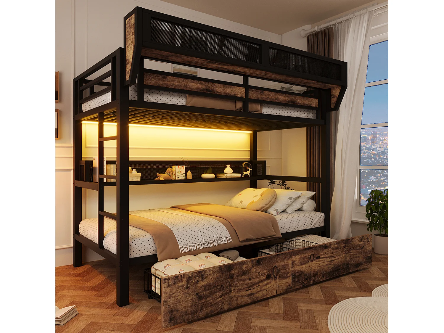 Stapelbed 90 x 200 cm - Smeedijzeren structuur - met planken - met 2 lades - met LED-verlichting - zwart (matras niet inbegrepen)
