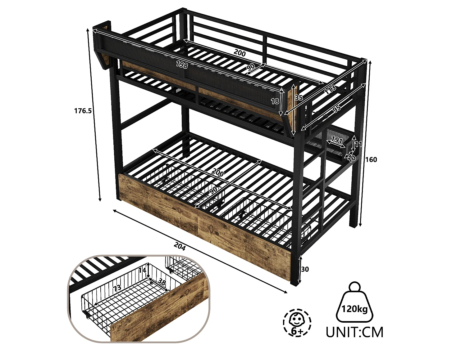 Stapelbed 90 x 200 cm - Smeedijzeren structuur - met planken - met 2 lades - met LED-verlichting - zwart (matras niet inbegrepen)