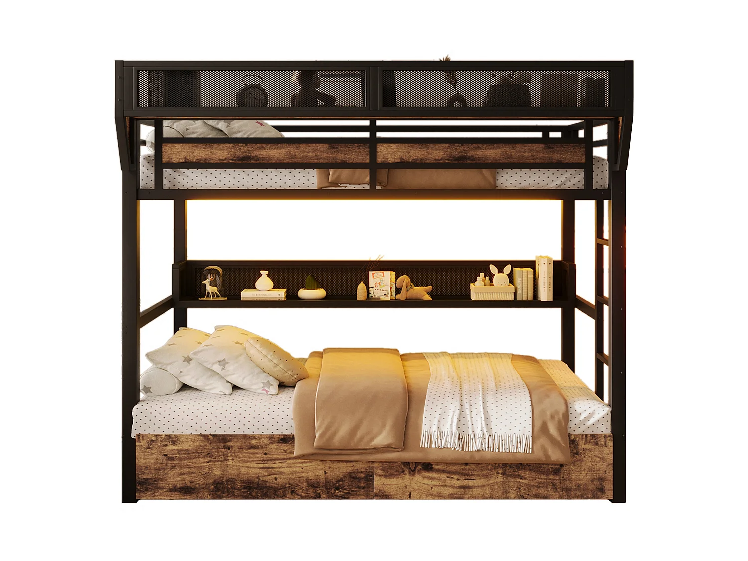 Stapelbed 90 x 200 cm - Smeedijzeren structuur - met planken - met 2 lades - met LED-verlichting - zwart (matras niet inbegrepen)