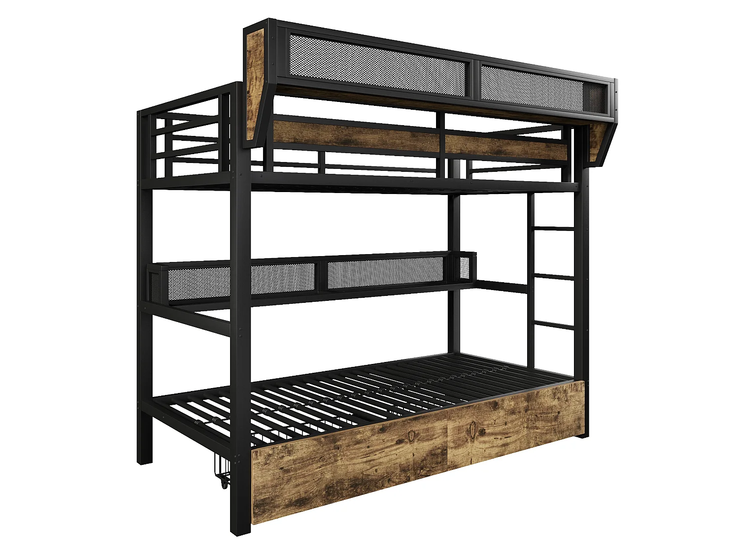 Stapelbed 90 x 200 cm - Smeedijzeren structuur - met planken - met 2 lades - met LED-verlichting - zwart (matras niet inbegrepen)