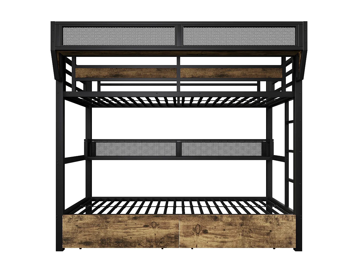 Stapelbed 90 x 200 cm - Smeedijzeren structuur - met planken - met 2 lades - met LED-verlichting - zwart (matras niet inbegrepen)
