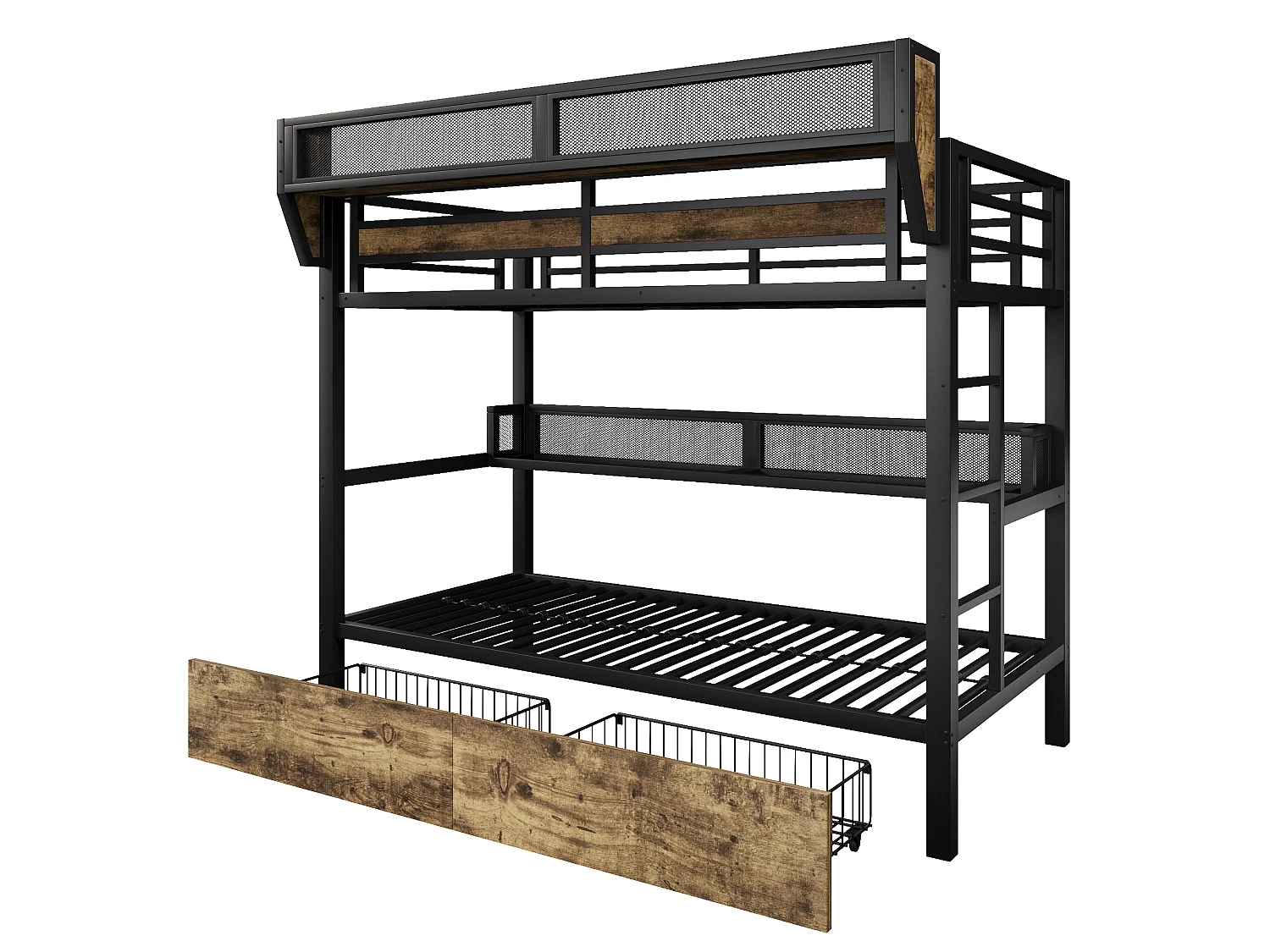 Stapelbed 90 x 200 cm - Smeedijzeren structuur - met planken - met 2 lades - met LED-verlichting - zwart (matras niet inbegrepen)